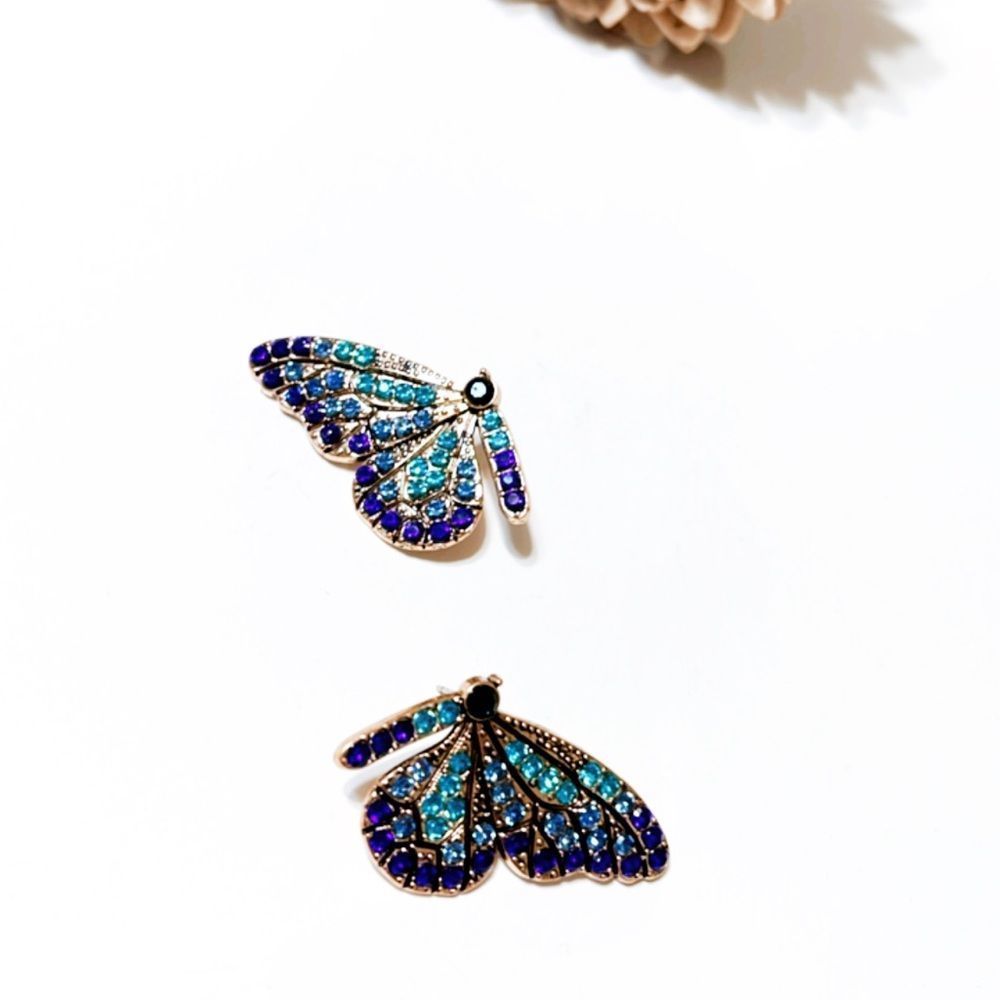 Anthropologie Blue and Teal Crystal Butterfly Wing Earrings